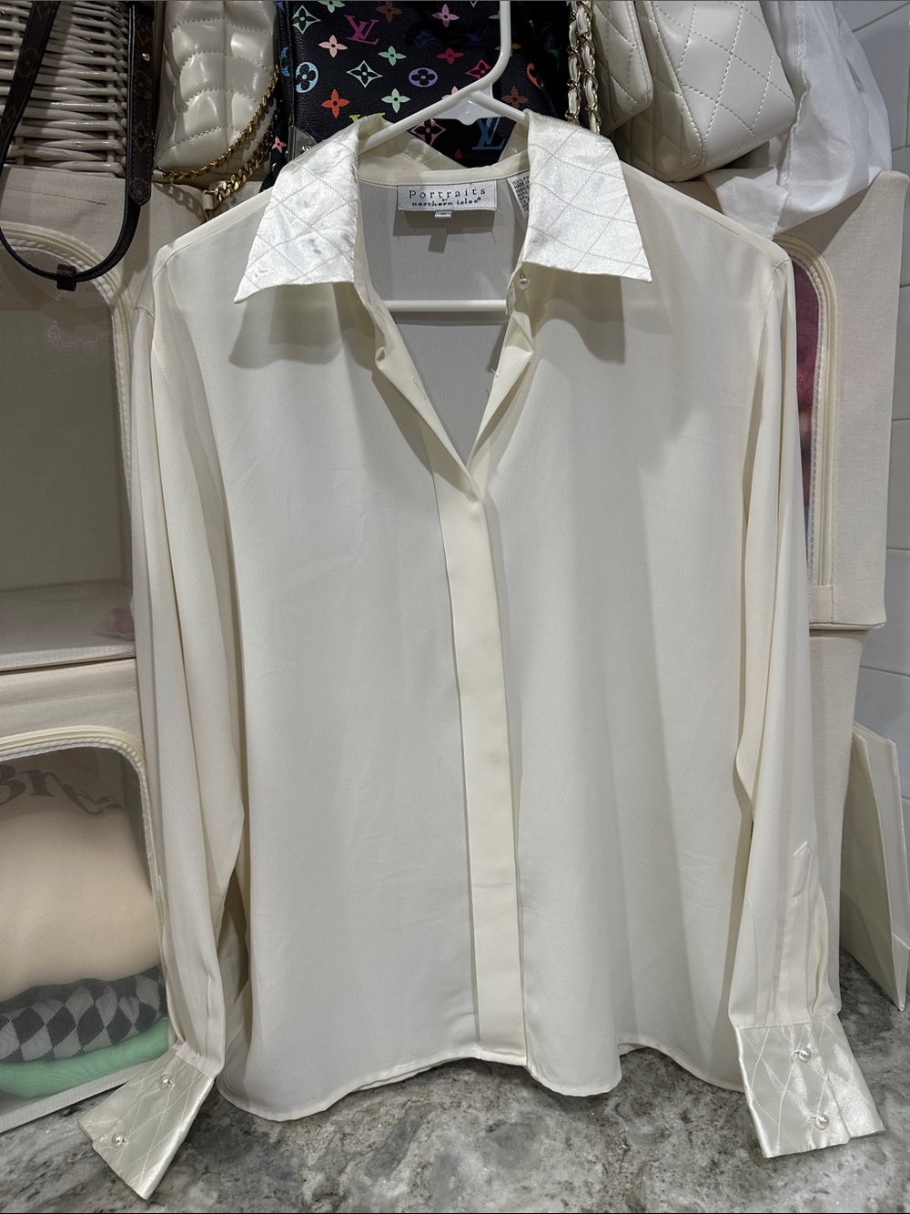Self-Portrait Cream Satin-Trim Long Sleeve Blouse